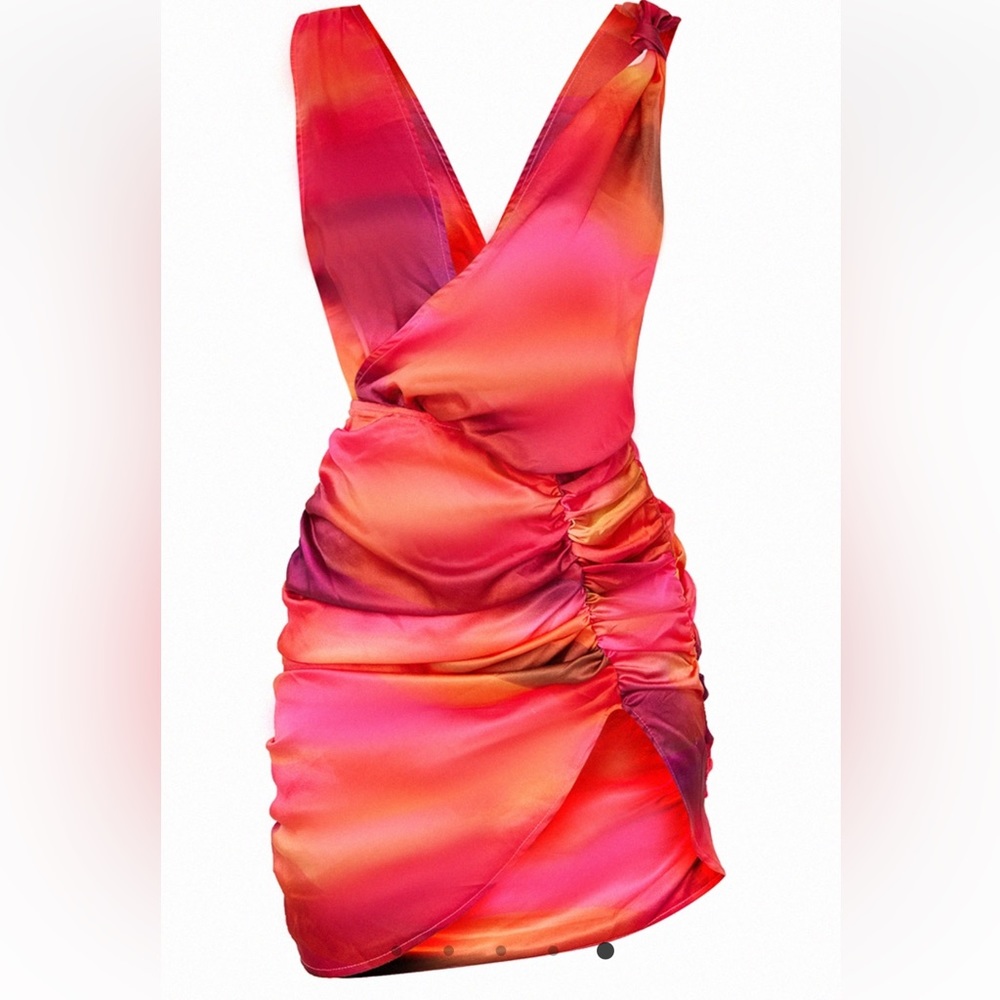 Pink Abstract Satin Plunge Rouched Wrap Dress PLT